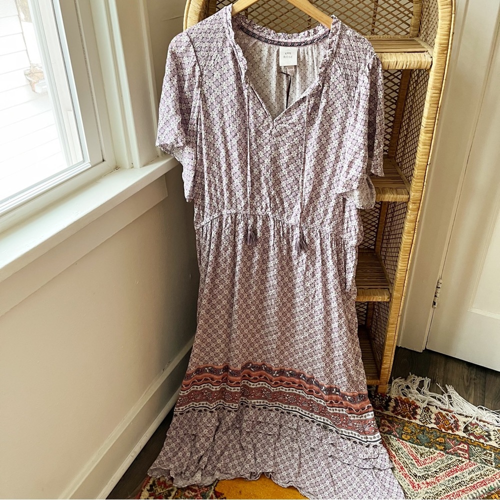 Knox Rose Short Sleeve Smocked Tassel Midi Dress Lilac Haze